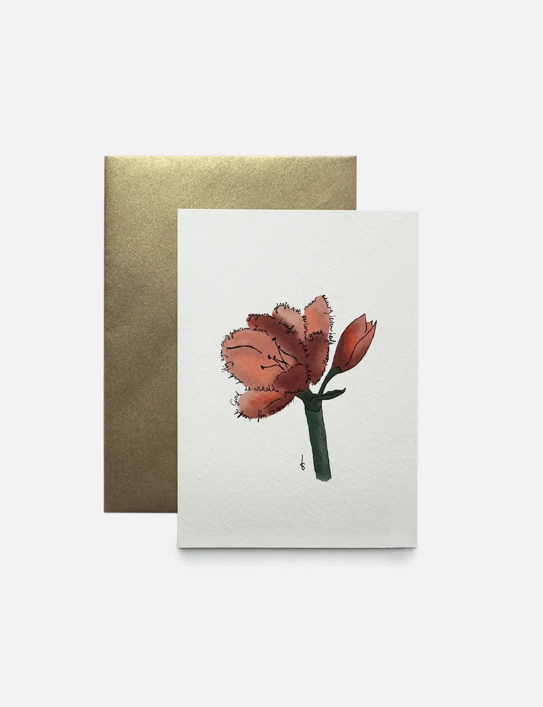 Christelijke kerstkaart met amaryllis en kerst bijbeltekst: “Want zo lief heeft God de wereld gehad...” op stijlvol papier met gouden envelop.