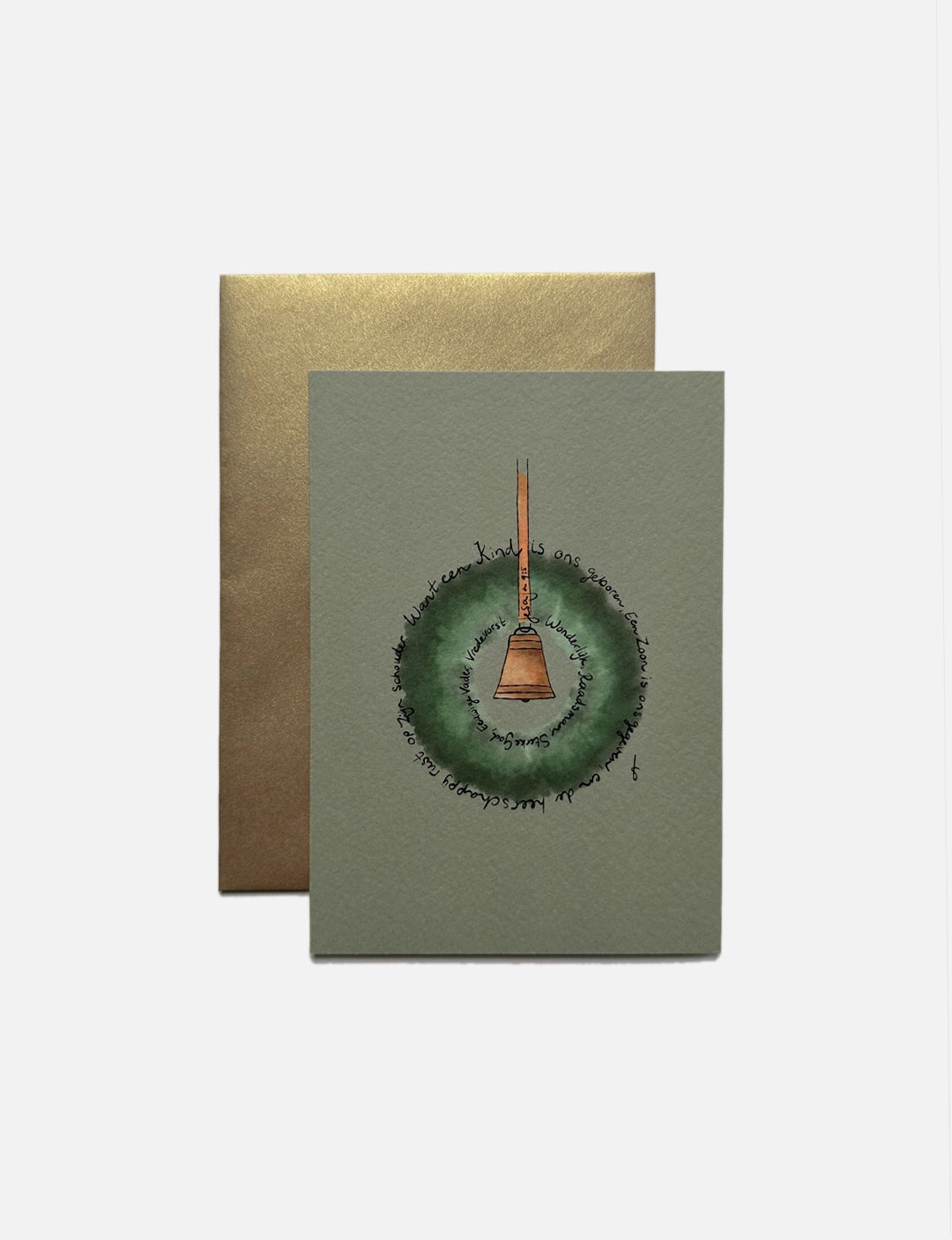 Handgemaakte christelijke kerstkaart met groene achtergrond en kerst bijbeltekst. Luxe papier en gouden envelop – stijlvol en betekenisvol.