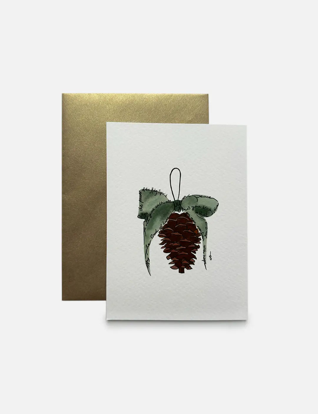 Christelijke kerstkaart A6 met illustratie van een dennenappel en groene strik, met Bijbeltekst uit Romeinen 15:13.