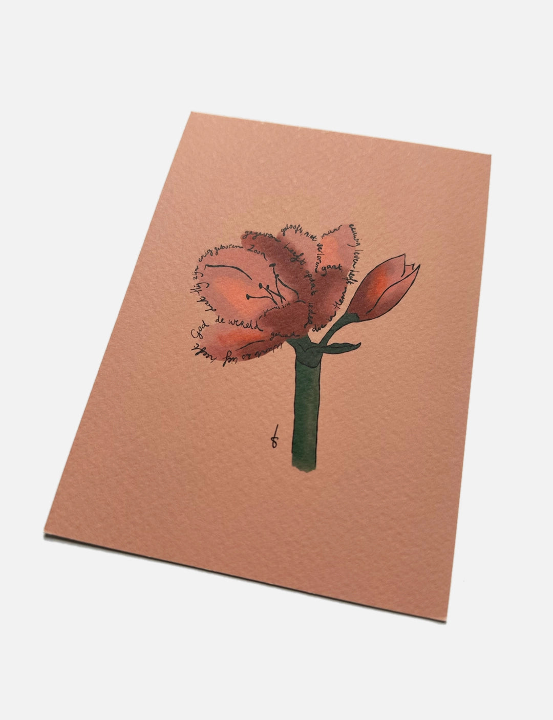 Mooie kerstkaart met handgemaakte bloemillustratie, zachte oranje achtergrond en christelijke tekst kerstkaart vol betekenis.