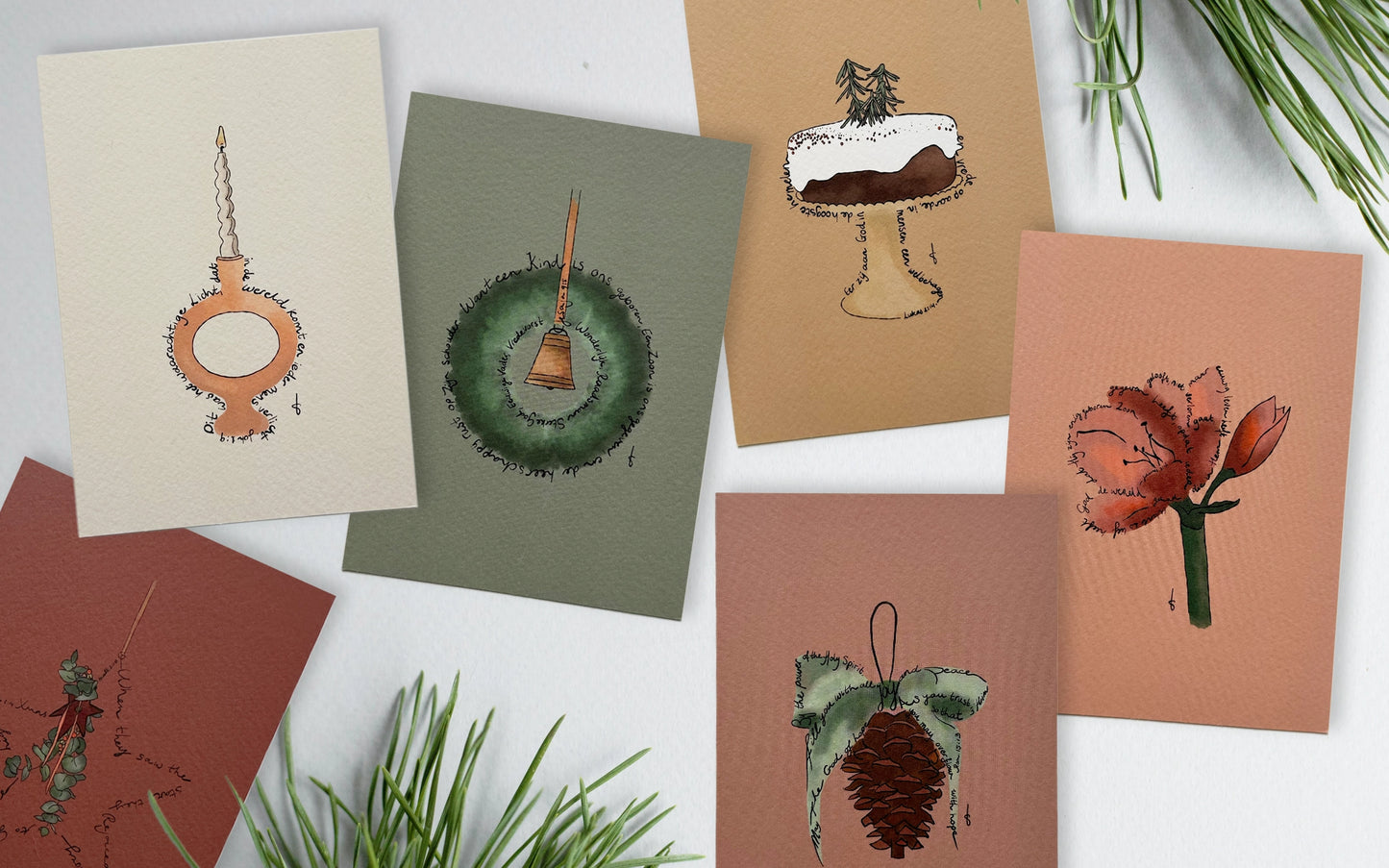 Overzicht van de complete set christelijke kerstkaarten – zes ontwerpen vol warmte, licht en kerstbijbelteksten.