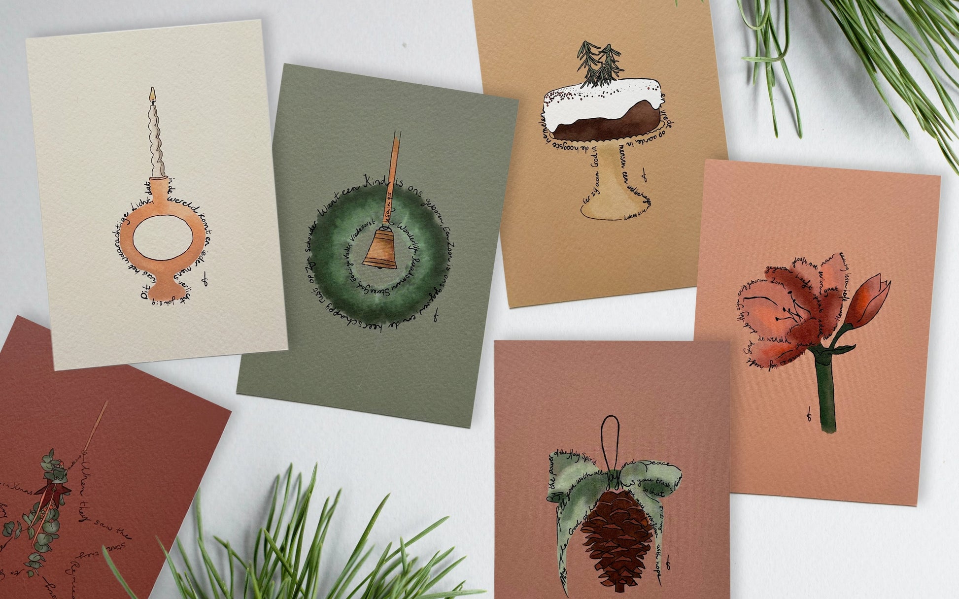 Overzicht van de complete set christelijke kerstkaarten – zes ontwerpen vol warmte, licht en kerstbijbelteksten.