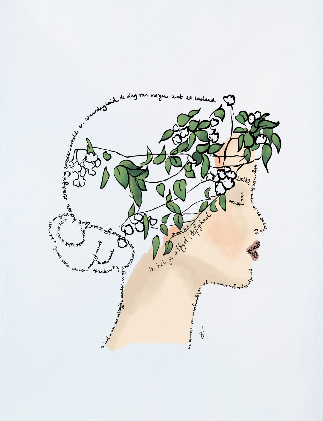 Deze christelijke kaart/mini poster op A5 formaat is een handgetekende illustratie van een vrouw. In plaats van met lijnen te tekenen, is er getekend met Bijbelteksten. Bekijk christelijke verjaardagskaart vrouw of een bijzondere wenskaart.