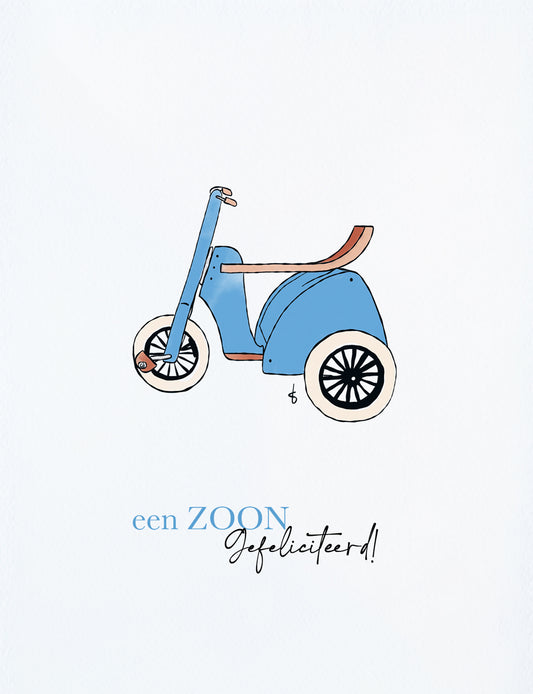 Felicitatiekaart geboorte zoon met blauwe illustratie en kraft envelop inbegrepen