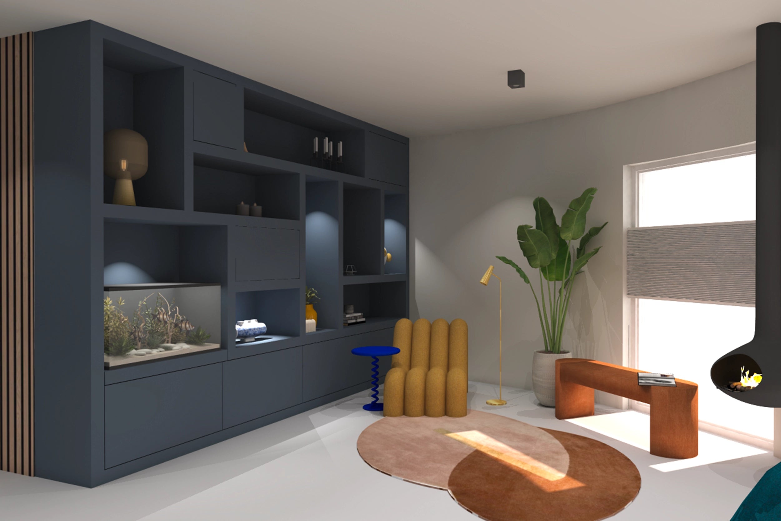 Moderne woonkamer met maatwerk kastenwand, professioneel interieuradvies, interieurstylist inhuren en kleuradvies interieur.