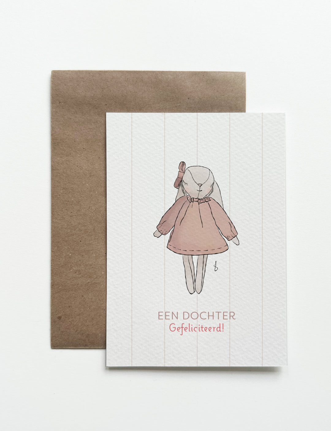 A6 kaart dochter met schattig konijn in roze jurkje en tekst ‘een dochter gefeliciteerd’, geschikt als geboorte dochter gefeliciteerd en felicitatiekaart geboorte dochter.