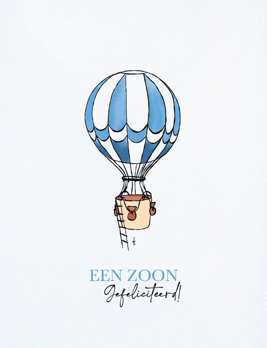 Moderne felicitatiekaart zoon met blauwe luchtballon en bijpassende kraft envelop