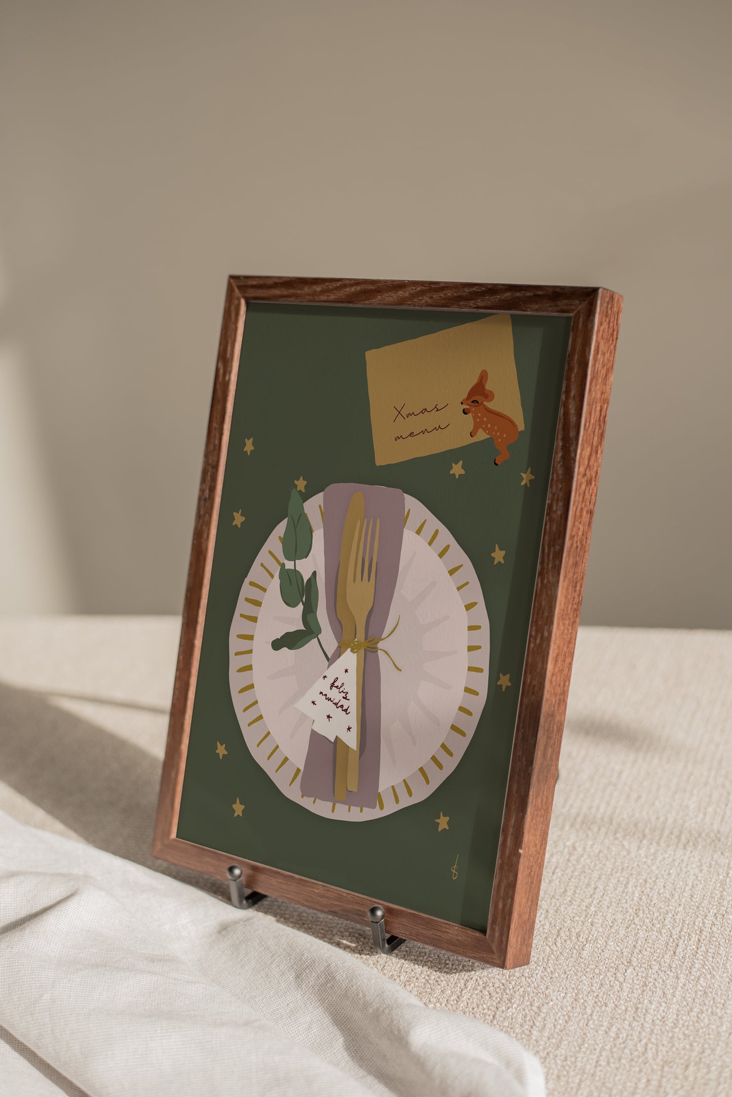 A6 kerstkaart met een handgetekend kerstdinerbord en warme achtergrondkleuren, passend bij de A4 kerst poster.