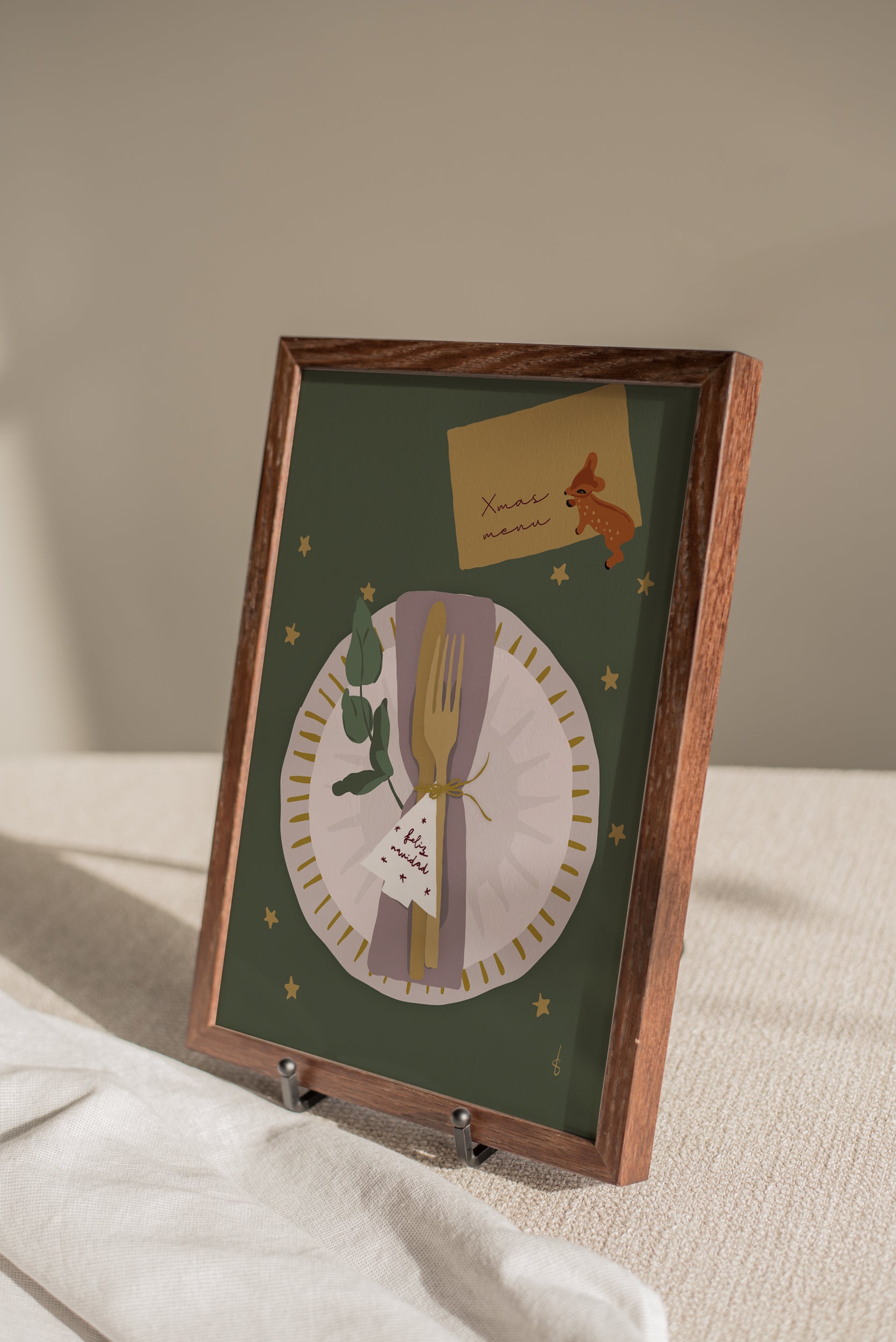 A6 kerstkaart met een handgetekend kerstdinerbord en warme achtergrondkleuren, passend bij de A4 kerst poster.