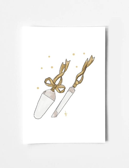 Leuke kerstkaart met handgetekende illustratie van taartschep en goudfolie. Bekijk collectie leuke kerstkaarten van Studio Blits.