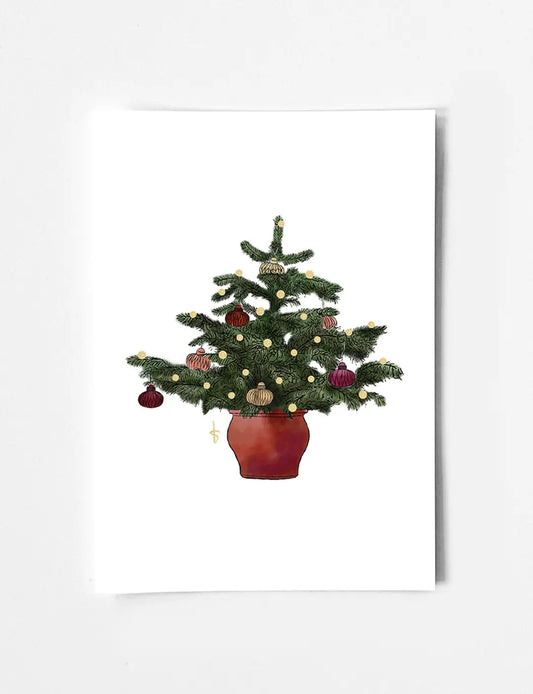 Leuke kerstkaart met handgetekende kerstboom in pot, kerstornamenten en luxe goudfolie. Leuke kerstkaarten kopen doe je bij Studio Blits.