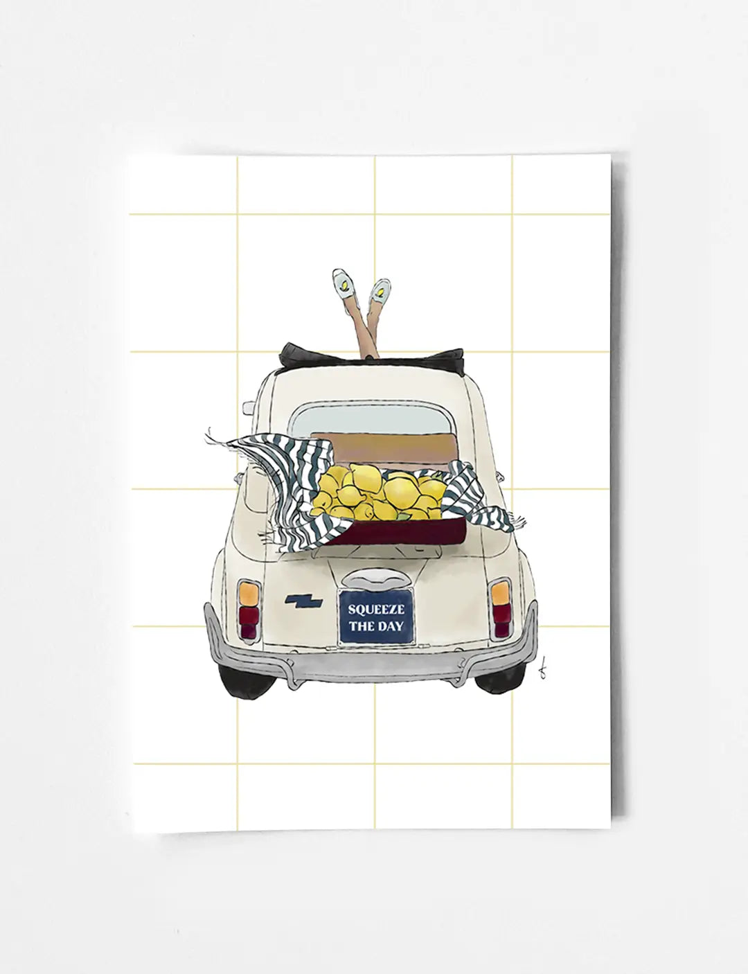 Poster A4 met illustratie van een Fiat 500, citroenen en de quote Squeezy the day – La Dolce Limone keuken poster