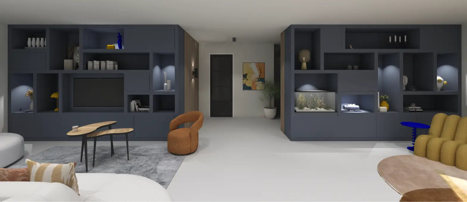 Moderne inrichting met maatwerk kastenwand, interieur ontwerpen, interieuradvies en persoonlijk advies interieurstylist.