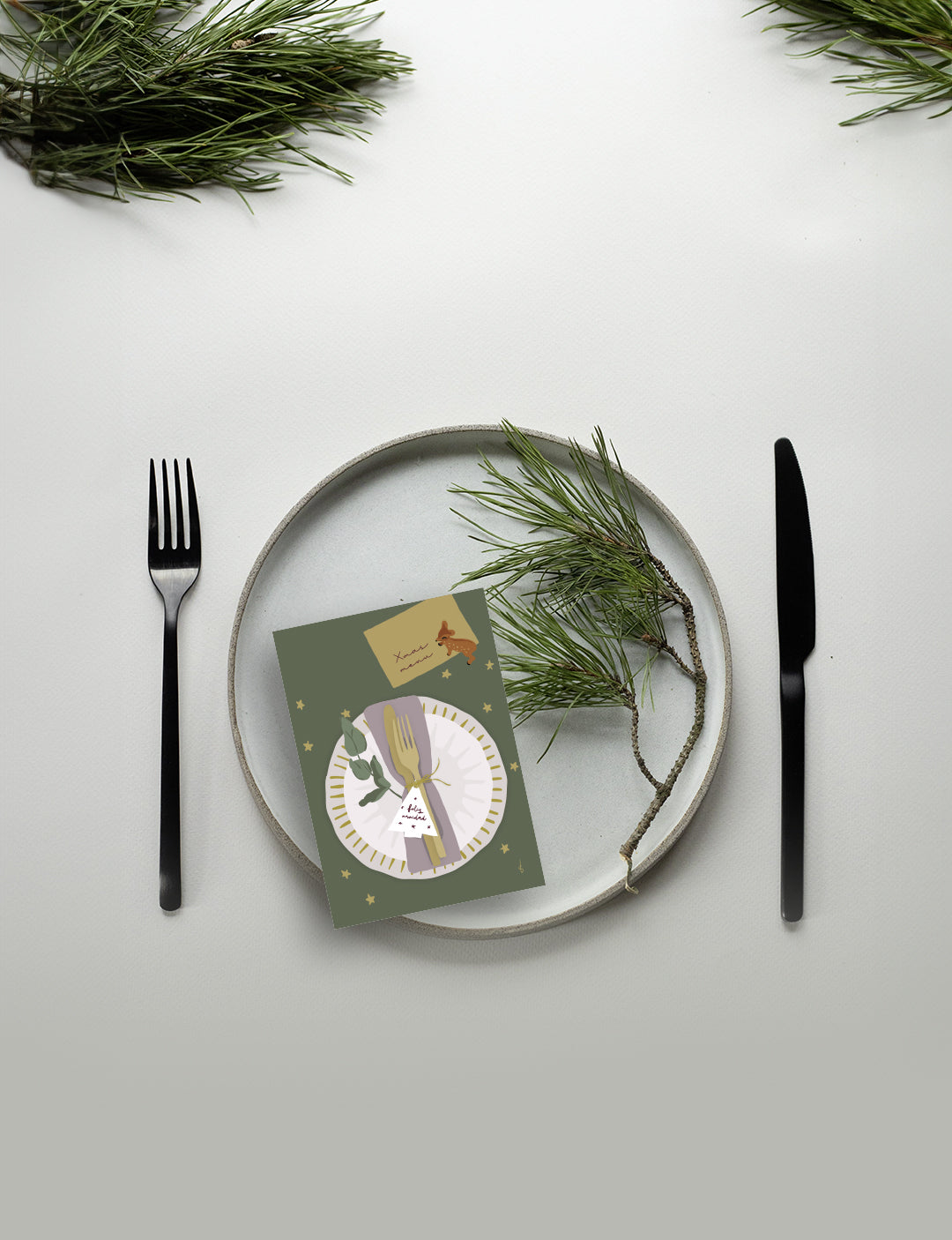 Mooie kerstkaarten – kerst kaart met abstracte illustratie van Christmas Diner en soft touch afwerking. Leuke kerstkaarten kopen.