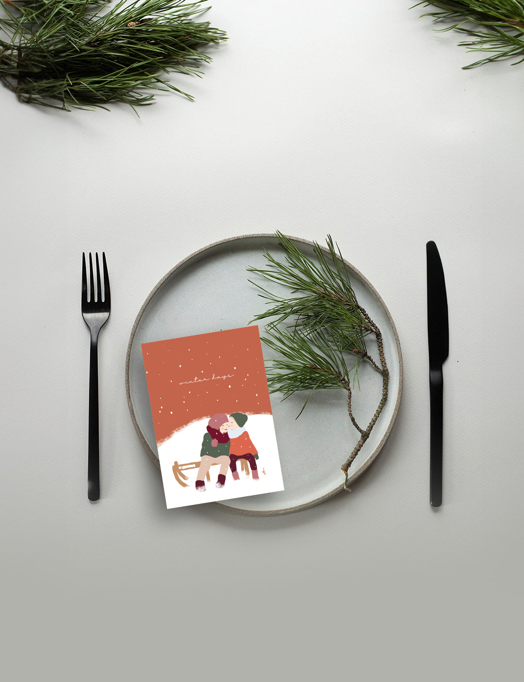 Mooie kerstkaarten – kerst kaart met abstracte illustratie van kinderen op een slee, onderdeel van speciale kaarten kerst collectie.