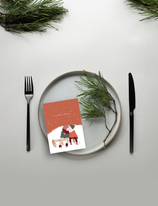 Mooie kerstkaarten – kerst kaart met abstracte illustratie van kinderen op een slee, onderdeel van speciale kaarten kerst collectie.