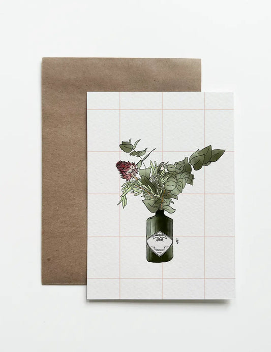 Originele kaart met Hendrick's gin fles als vaas met bloemen. Perfect als gin tonic kaart of voor een gin tonic verjaardag. Leuke verjaardag vrouw kaart met een creatieve twist.
