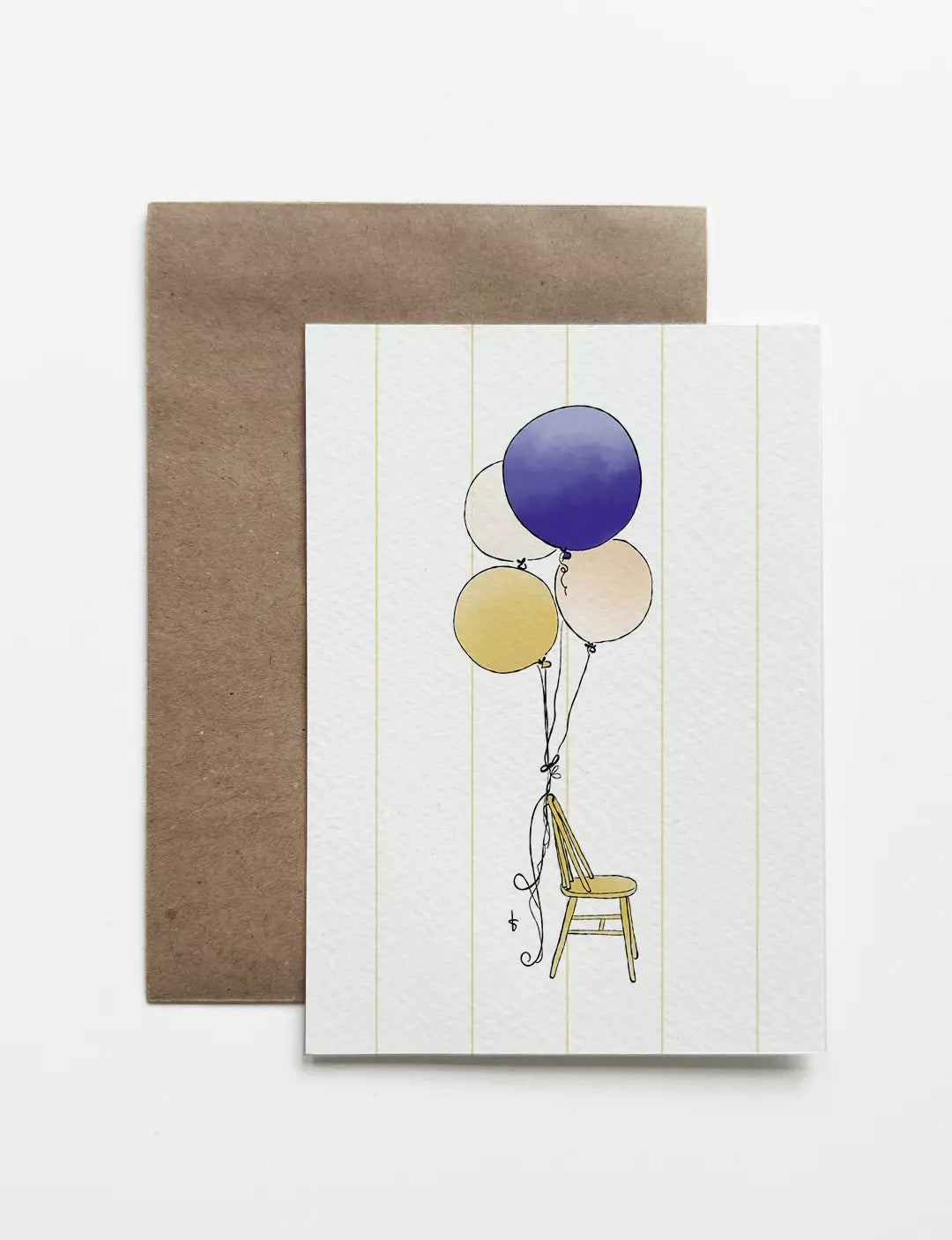 Hippe kaart met versierde stoel en blauwe ballonnen, perfect als felicitatie geboorte zoon. Ontdek onze leuke wenskaarten en hippe kaarten voor elke gelegenheid.