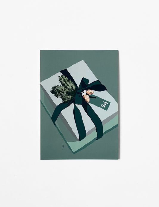 Ansichtkaart (A6) met handgetekende Gift illustratie. Een gezellige kerstwens versturen of stop de kaart bij je december cadeau! Deze stijlvolle wenskaart maakt onderdeel uit van een kaartenset met kerstkaarten. Je kunt deze mooie kaarten en andere christelijke kerstkaarten vinden in onze webshop.