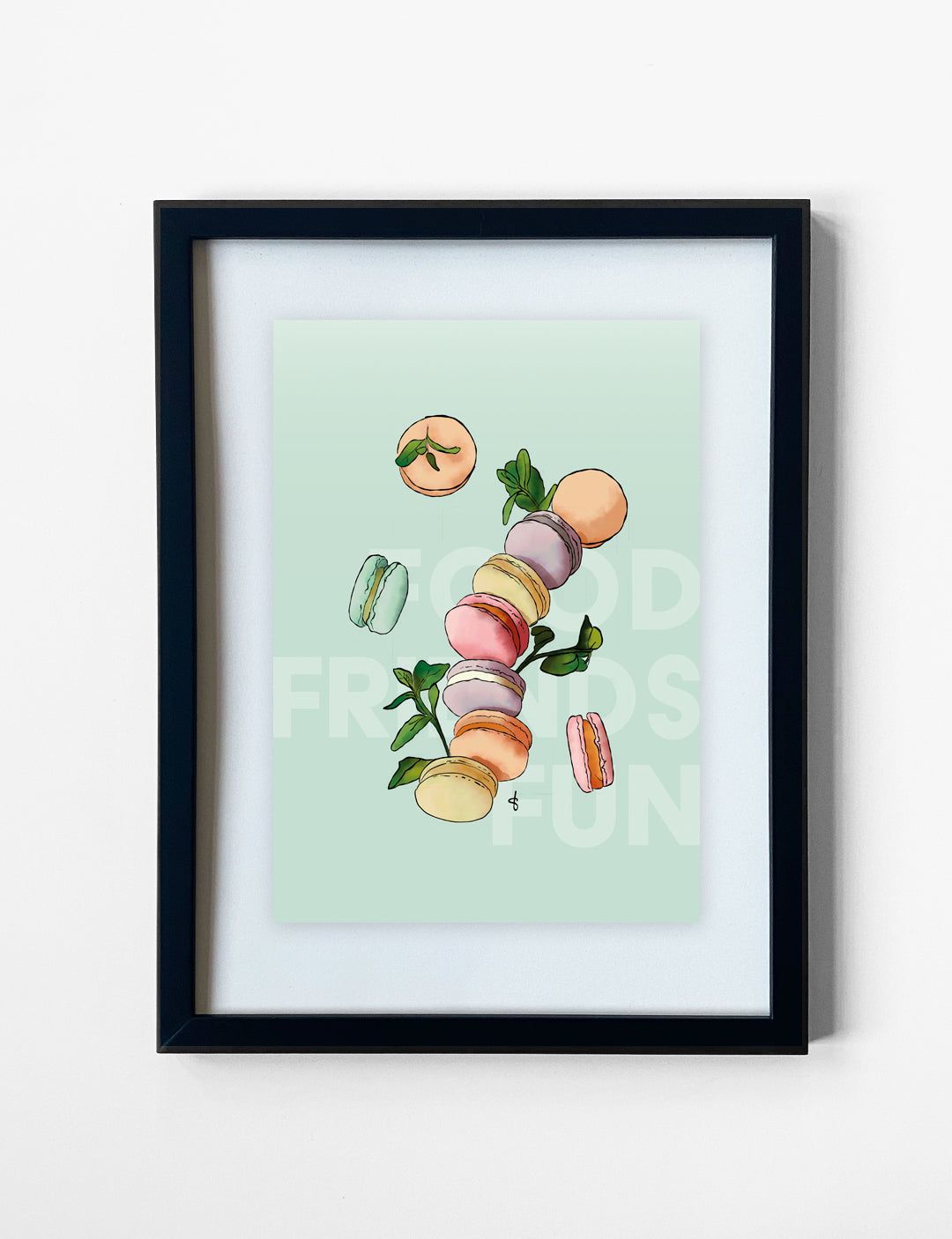Deze vrolijke poster met een handgetekende illustratie van macarons en de tekst 'Food Friends Fun' is geprint op mooi Tintoretto Gesso papier. De posters met tekst is bijvoorbeeld leuk als keuken poster.