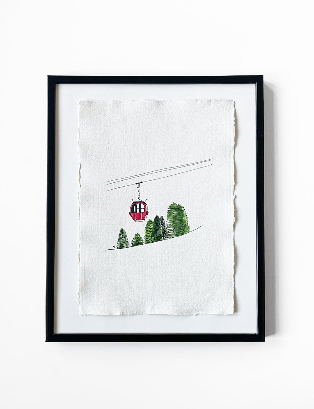 Kerst poster met een handgemaakte inkt- en aquarel illustratie van een skilift op geschept papier. Exclusief lijst.