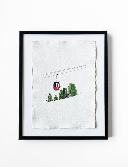 Kerst poster met een handgemaakte inkt- en aquarel illustratie van een skilift op geschept papier. Exclusief lijst.