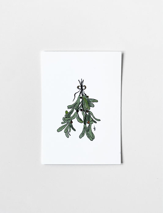 Ansichtkaart (A6) met handgetekende Mistletoe illustratie en accenten met goudfolie. Deze stijlvolle kaart maakt onderdeel uit van een kaartenset met leuke kerstkaarten. 